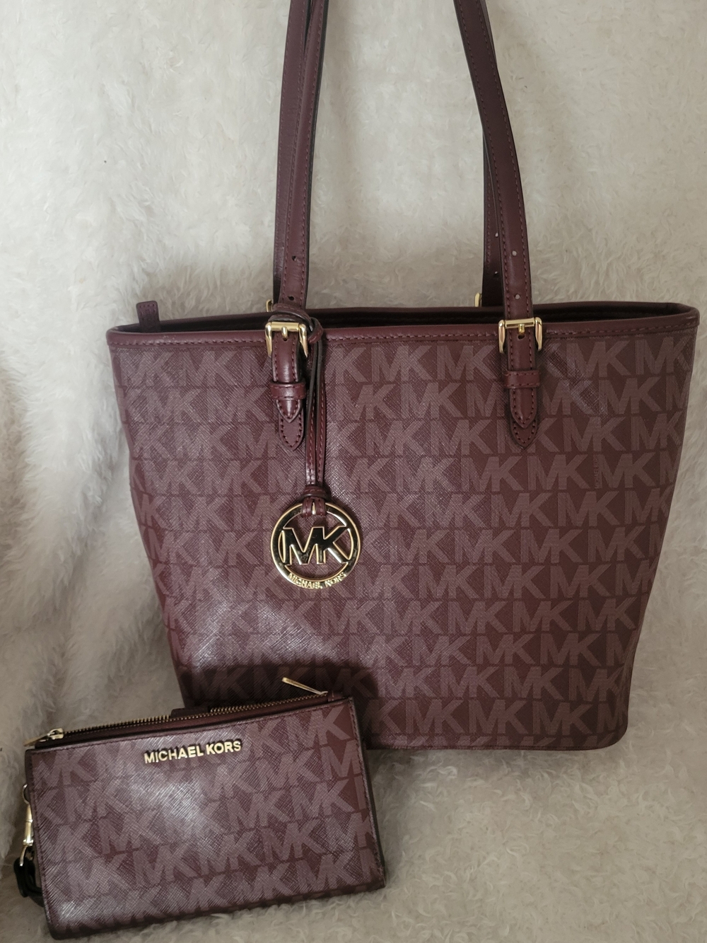 Michael Kors Burgundy MK Logo Tote with Matching Wristlet
